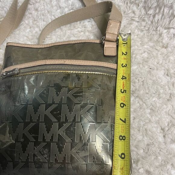 MICHAEL KORS  MIRROR METALLIC LOGO  metallic gold crossbody bag tan leather trim - Picture 15 of 16